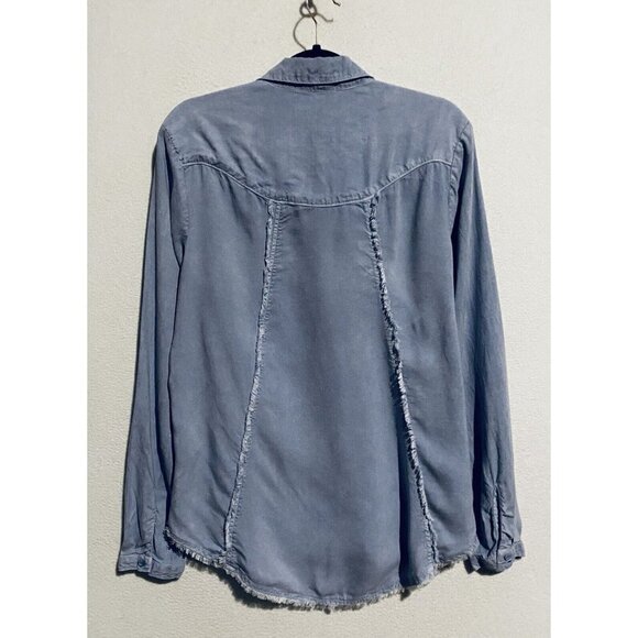 Bella Dahl Top Womens Medium Blue Button Up Fringe Tencel Long Sleeve Boho - Picture 4 of 7
